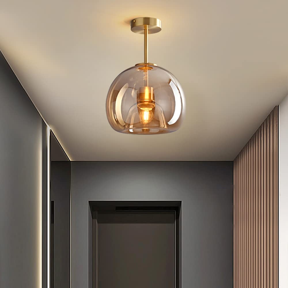 Retro Copper Glass Semi Flush Mount Ceiling Light