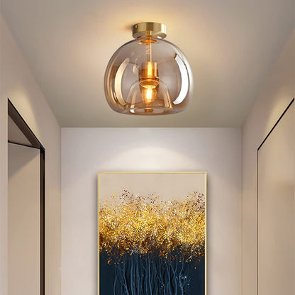 Retro Copper Glass Semi Flush Mount Ceiling Light