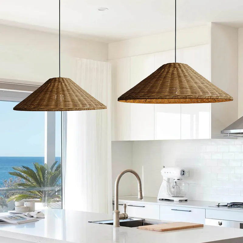 Retro Woven Rattan Cone Pendant Light