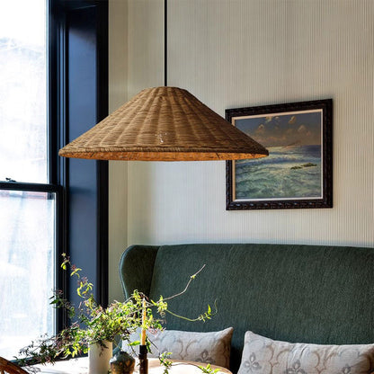 Retro Woven Rattan Cone Pendant Light