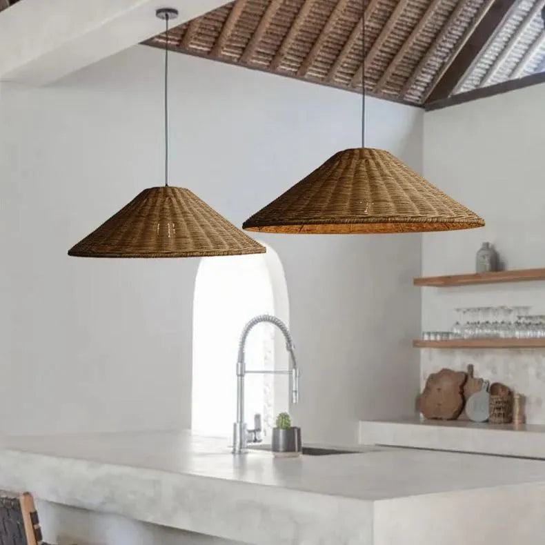 Retro Woven Rattan Cone Pendant Light