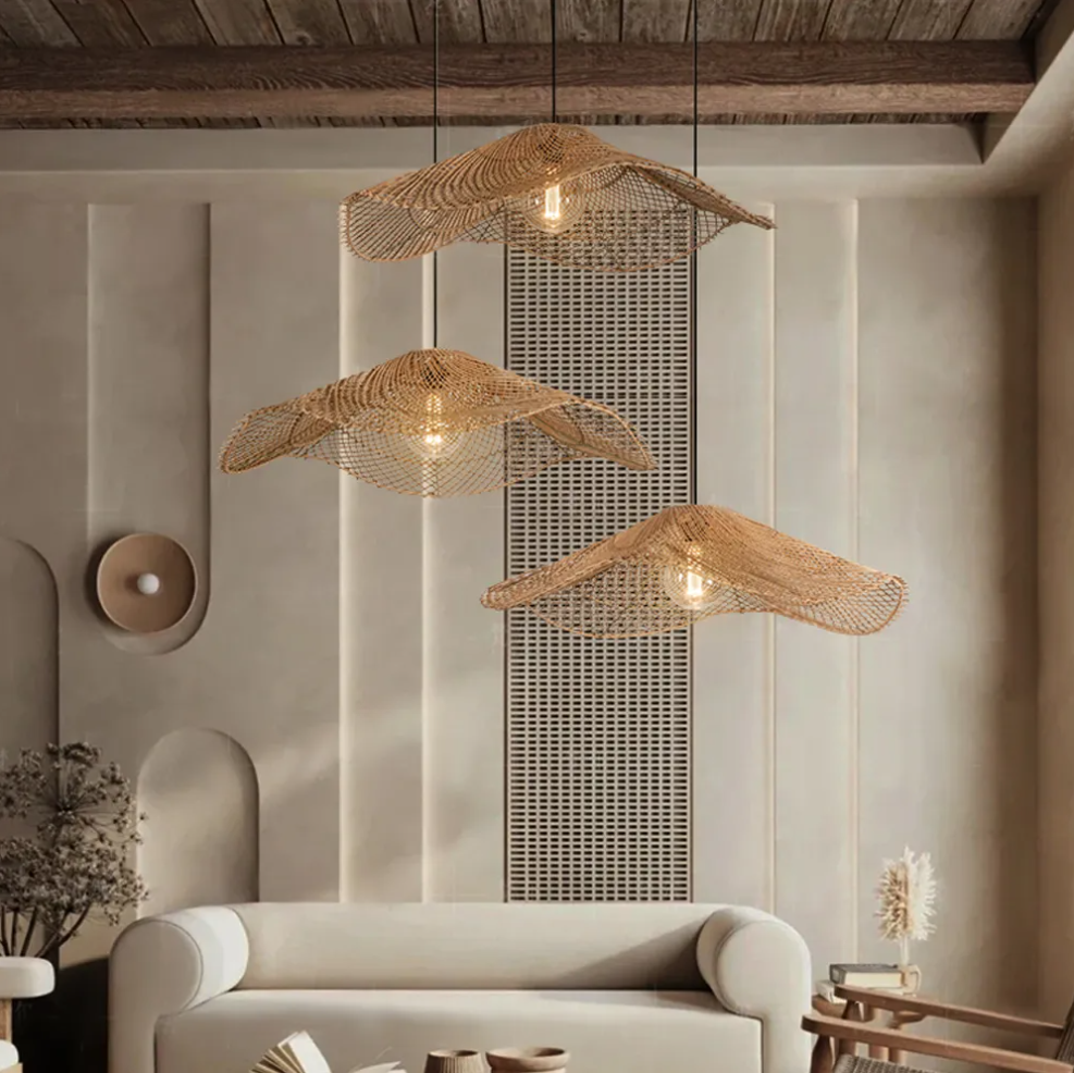 Hand woven straw hat resturant pendant light wabi-sabi style rattan chandelier