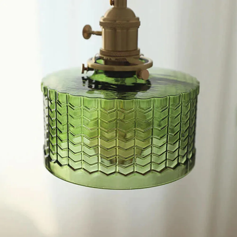 Classic vintage green glass pendent light cylinder wavy small light fixture