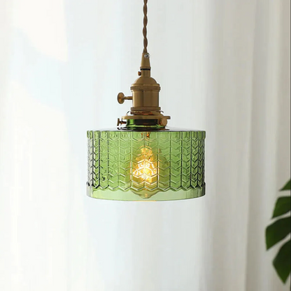 Classic vintage green glass pendent light cylinder wavy small light fixture