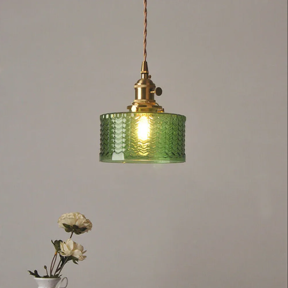 Classic vintage green glass pendent light cylinder wavy small light fixture