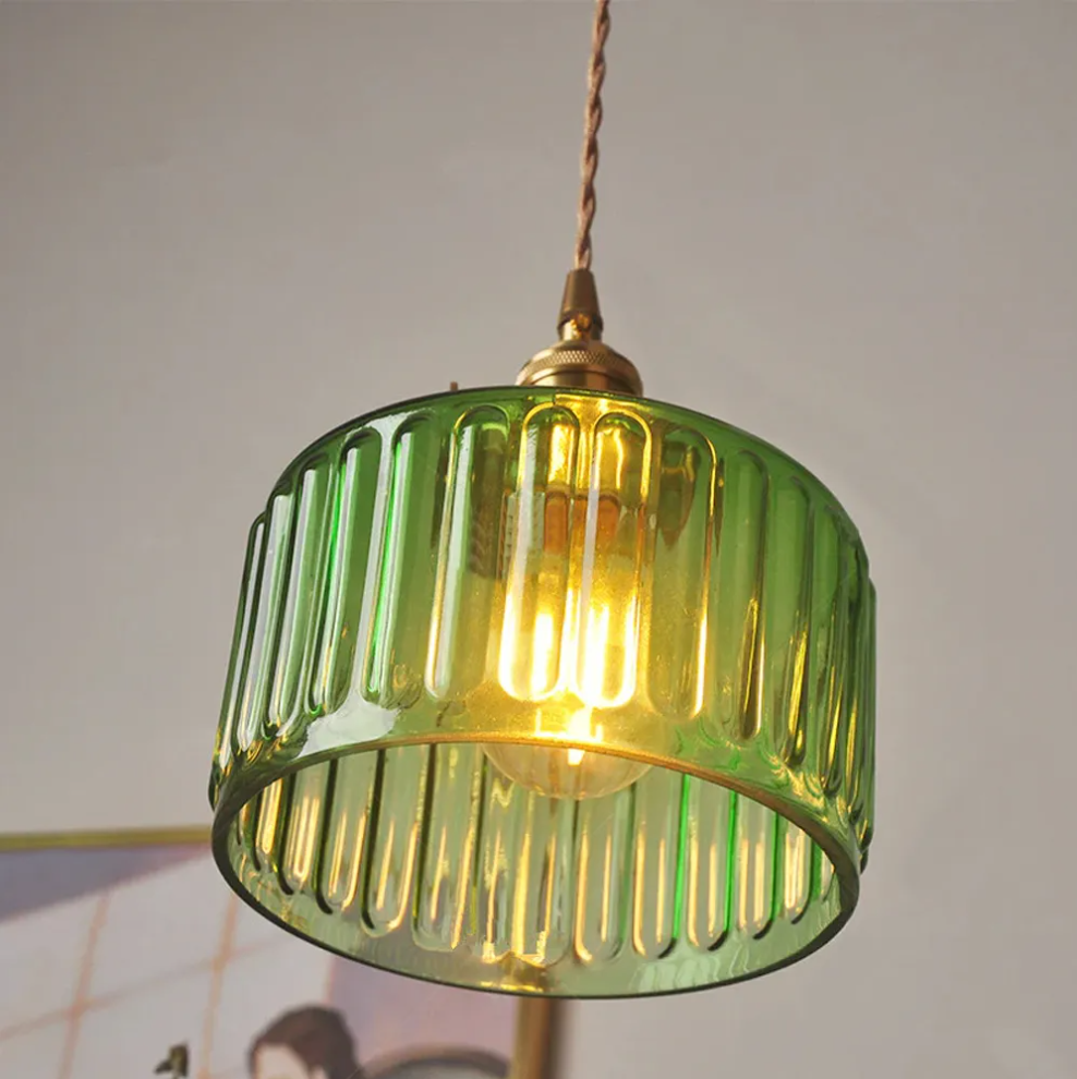 Classic vintage green glass pendent light cylinder wavy small light fixture