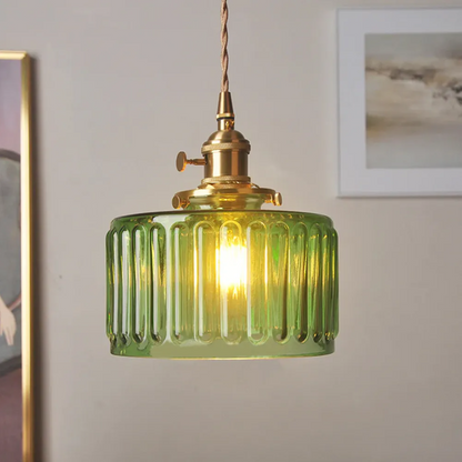 Classic vintage green glass pendent light cylinder wavy small light fixture