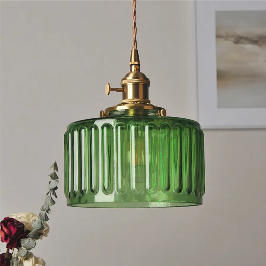 Classic vintage green glass pendent light cylinder wavy small light fixture