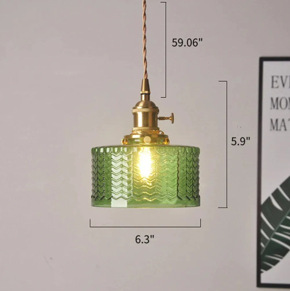 Classic vintage green glass pendent light cylinder wavy small light fixture