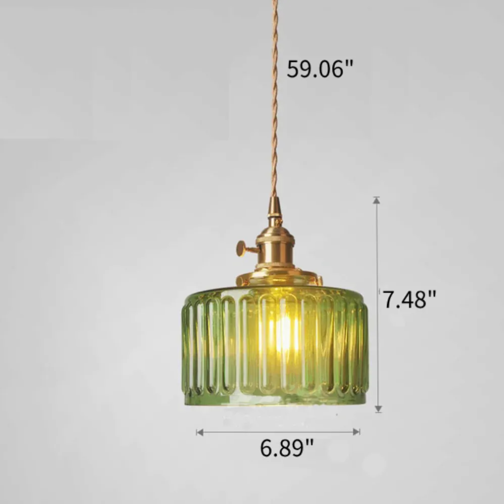 Classic vintage green glass pendent light cylinder wavy small light fixture