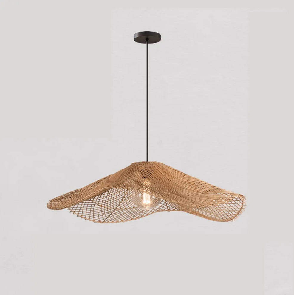 Hand woven straw hat resturant pendant light wabi-sabi style rattan chandelier