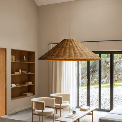 Retro Woven Rattan Cone Pendant Light