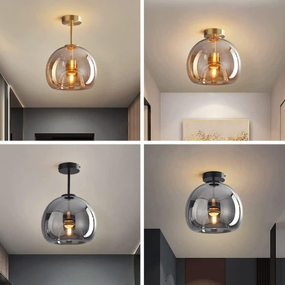 Retro Copper Glass Semi Flush Mount Ceiling Light